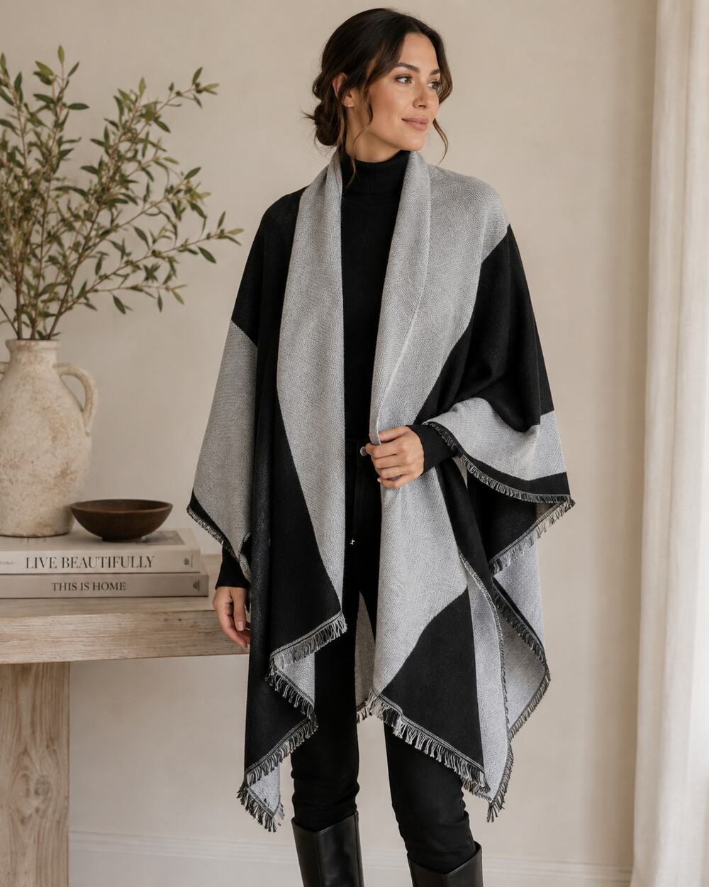 BP Nordstrom Shawl Wrap Gray Black Colorblock Fringe Hem Poncho Cape New